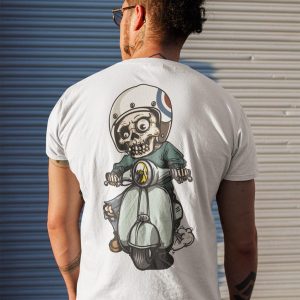 Vespa Kullanan Motorcu İskelet Adam Skull  Tişörtü